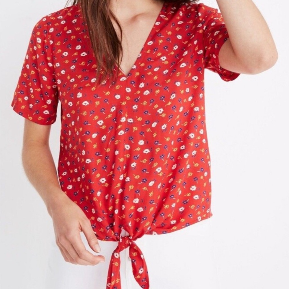 Madewell Red Tie Front Short Sleeve Tee